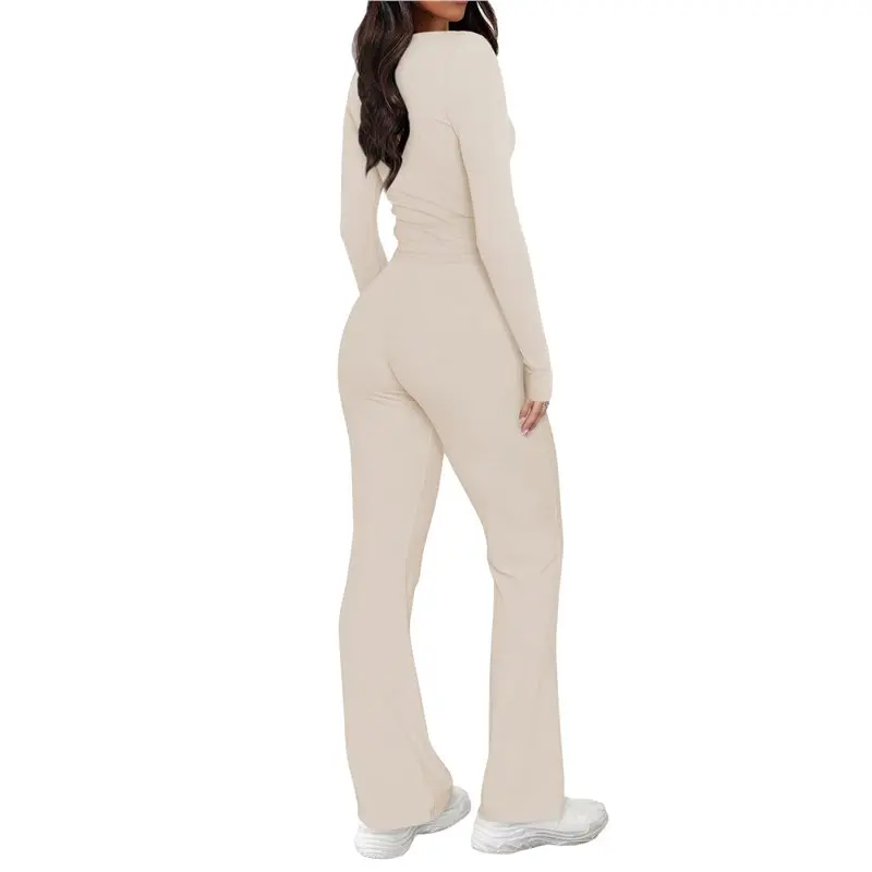 CYL-2 قطعة مطابقة الخريف Sweatsuit صالة مجموعة المرأة واسعة الساق السراويل هينلي الرقبة المحاصيل الأعلى مجموعات