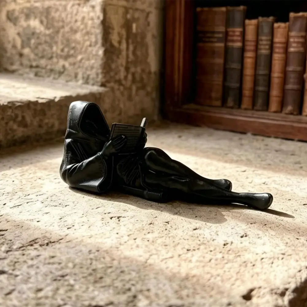 2026 Lazy Man Gothic Fantasy Black Robe Reading Statue 3D Printed Mystery Lying Reading Sculpture for Halloween Shelf Desktop De