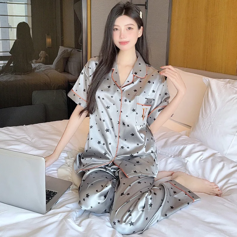Korean-Style High-Appearance Ice Silk Pajamas for Women, Short-Sleeve and Long Pants, Loose, Breathable, Printed Homewear Set 3