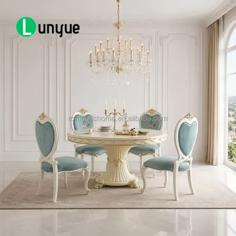 Luxury Light Blue Round Dining Table Set Turkish Classical Style with Heart Chairs for Villa Home Furniture Elegant Design
