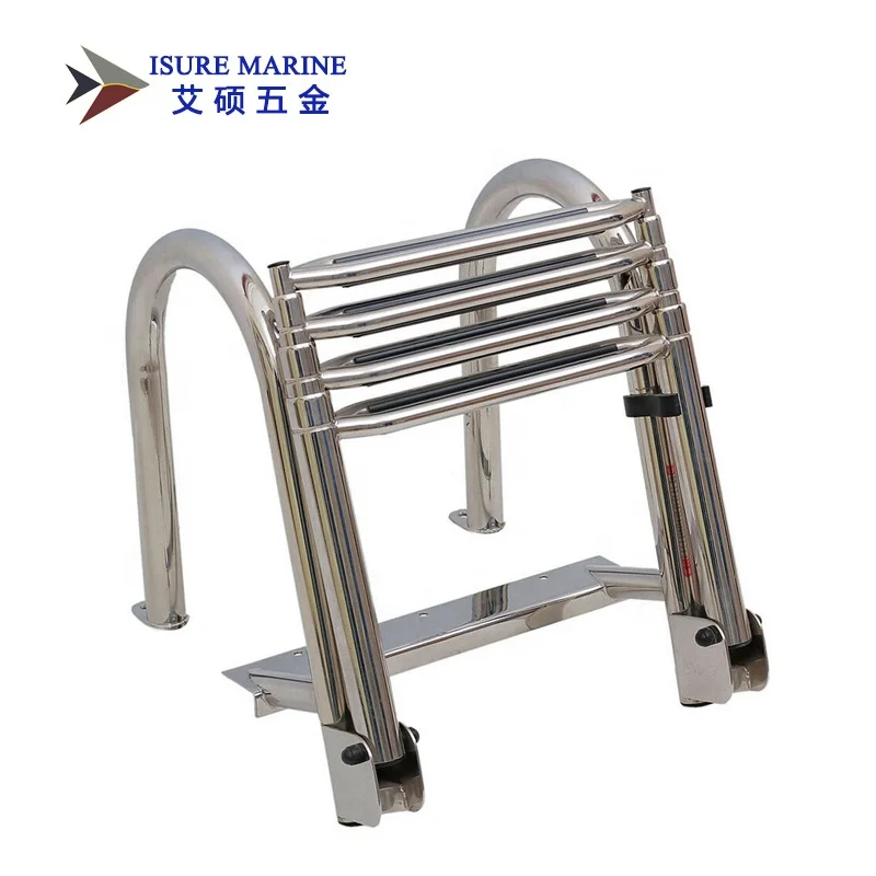 ISURE MARINE Folding Telescoping Curved Handle Stainless Steel Boat Marine Ladder Inboard 4 Step Ladder Dock High Polished