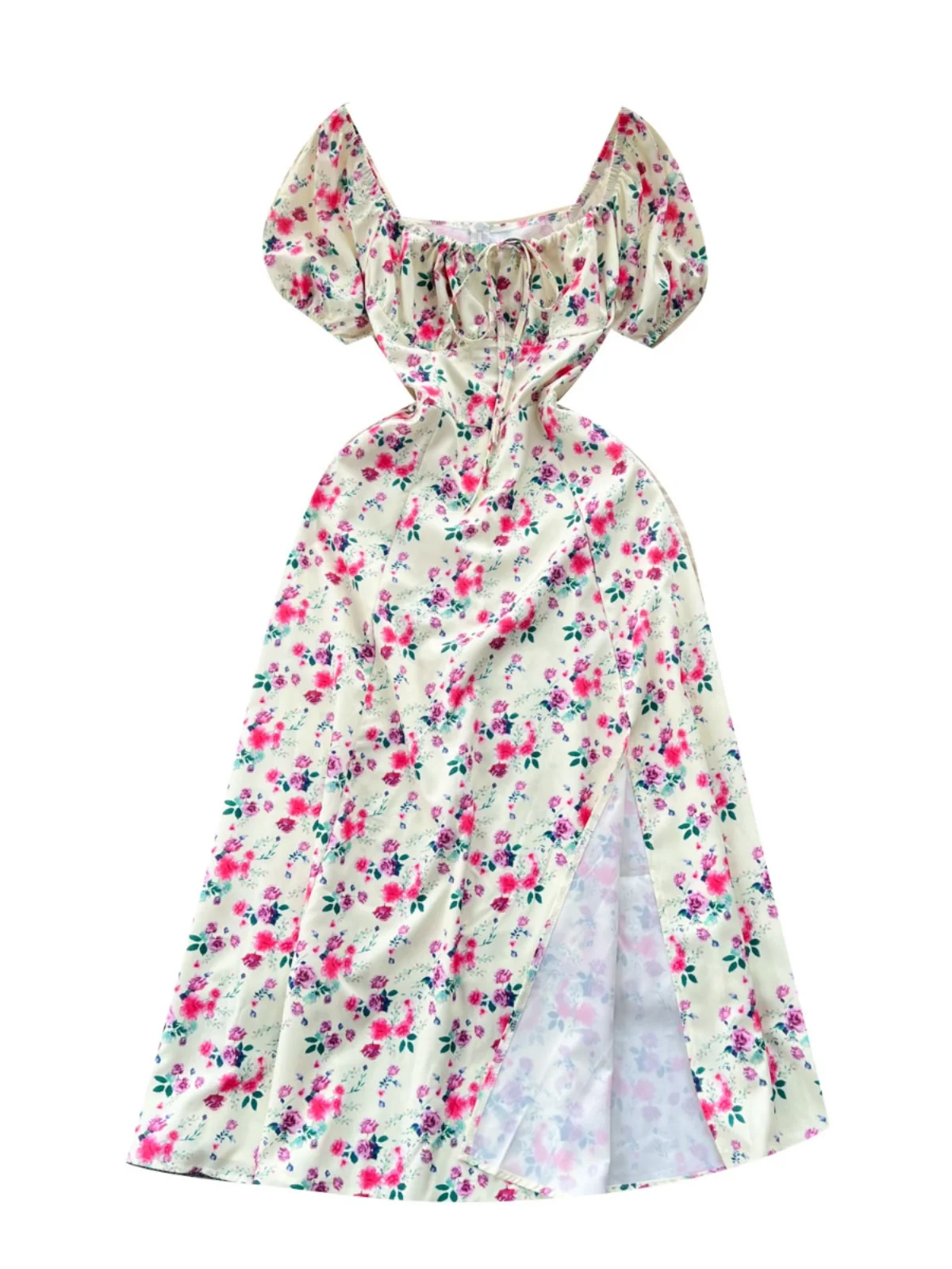 우아한 여름 플로럴 프린트 버블 슬리브 드레스 여성 슬림핏 하이웨이스트 A라인 미디 스커트 한국 스타일 반팔 드레스