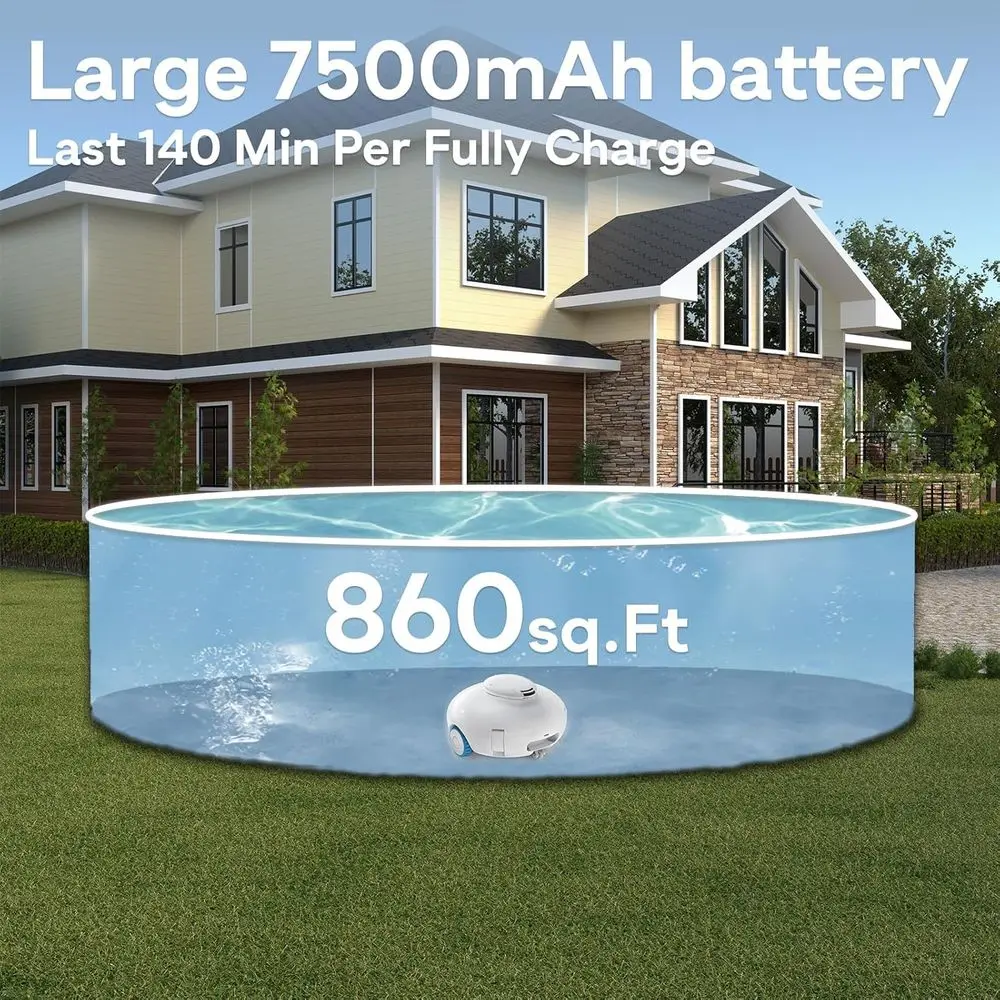 Pool Vacuum Cleaner for Above Ground/Inground Pools - 7500mAh Battery, Lightweight, 140mins Runtime, Powerful Suction