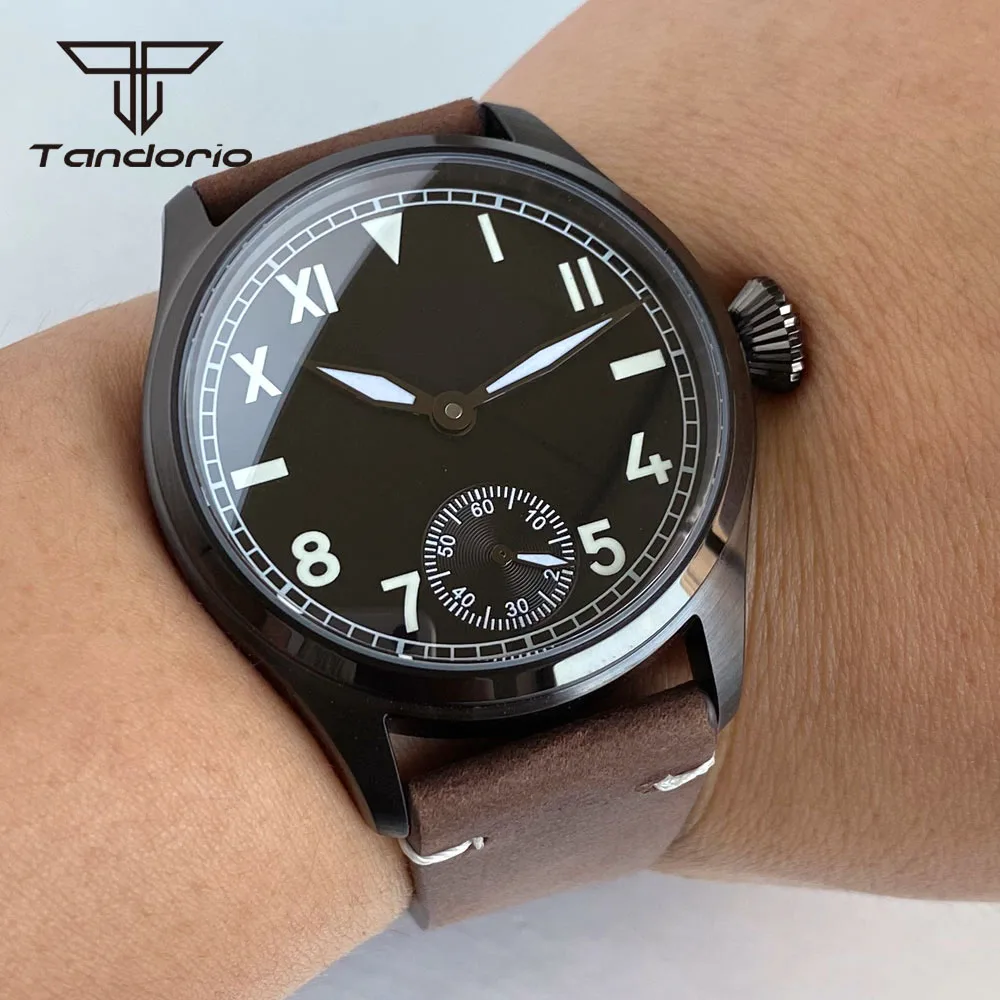 Tandorio Black PVD 42mm Hand-Winding Pilot Watch for Men ST3621 Movt Sapphire Glass Retro California Dial Asia6497 Clear Back