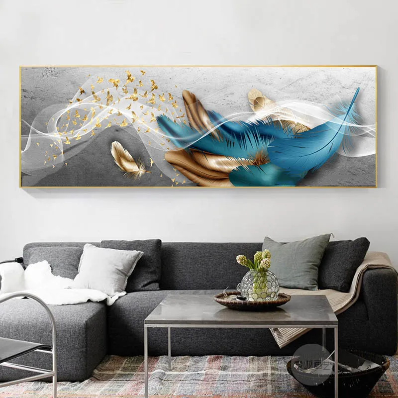 Modern Abstract Golden Feather Ribbon Canvas Painting Nordic Posters and Prints Wall Art Picture For Living Room Decor No Frame