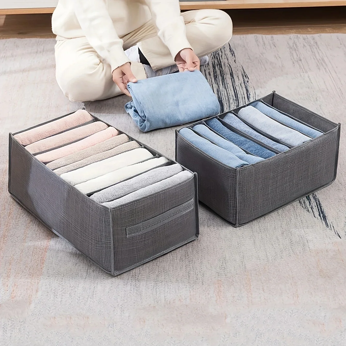 Multi-compartment collapsible laundry organizer box for drawer storage - collapsible shelving system, divider sorting bin-tan