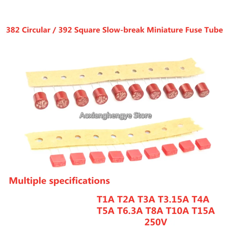 100 Pezzi Fusibili Rotondi 382 E Fusibili Quadrati 392 A Lenta Fusione T1A T2A T3A T3.15A T4A T5A T6.3A T8A T10A T15A 250V-image