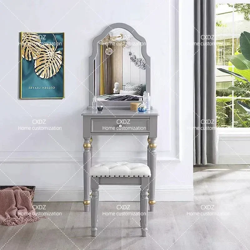 Morandi Gray Solid Wood Dressing Table with Mirror Light Luxury Bedroom Vanity Small Mini Makeup Desk for Women