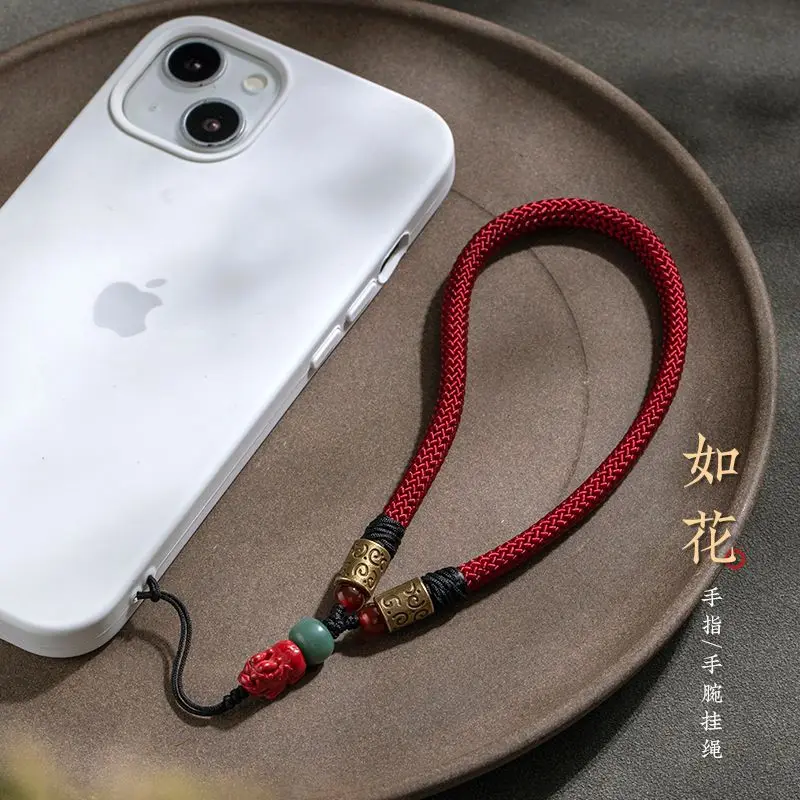 Handwoven Imperial Cinnabar Short Phone Lanyard Keychain with Anti Loss Wrist Strap Ring for Daily Carry Protective Unisex Gift