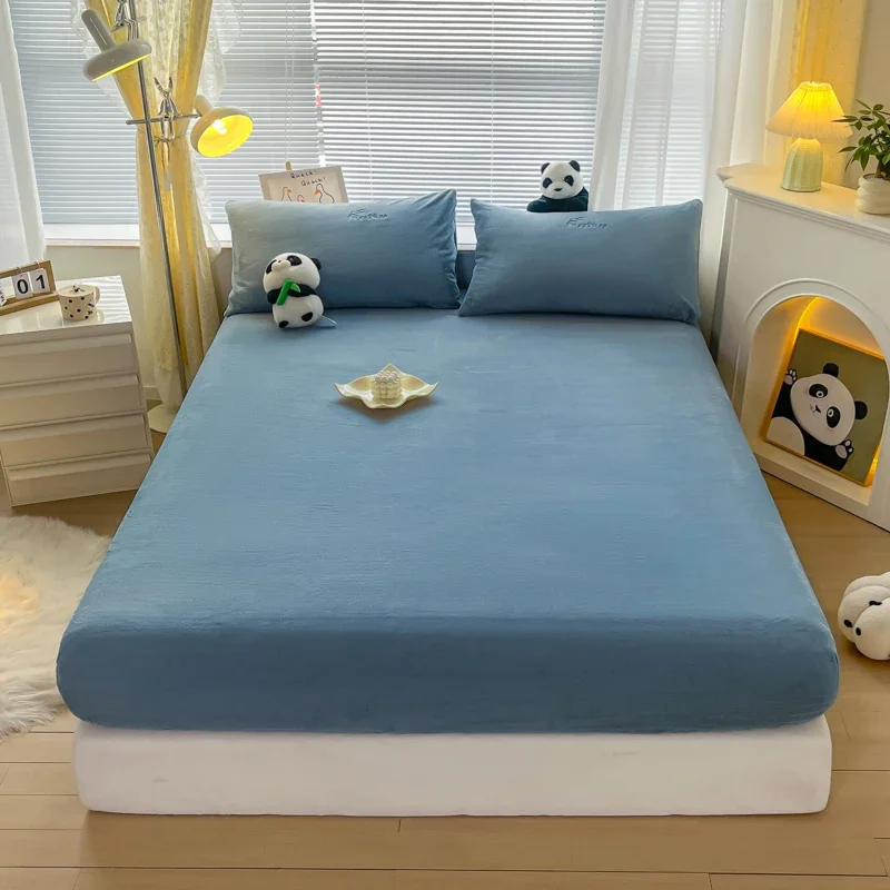 

2024 new 230g solid color milk fleece mattress single piece bedspread 360 degrees all-inclusive thickened warm