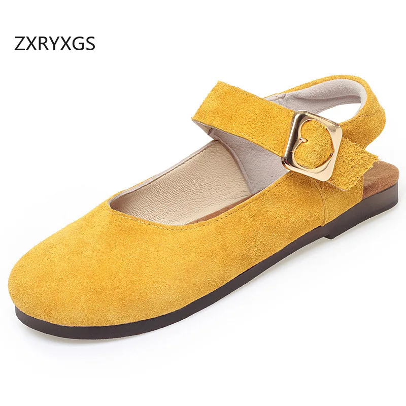 

ZXRYXGS Frosted Cowhide Round Toe Women's Back Empty Sandals 2025 Elegant Comfort Large Sie Flat Sandals Genuine Leather Sandals