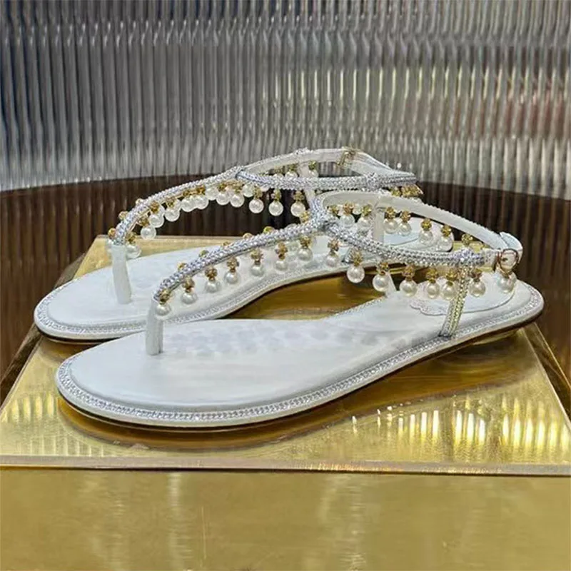 

New Sandals Woman Rhinestone Pearl String Bead Summer Shoes Women Flip Flop Daily Outdoor Crystal Flat Sandals For Women