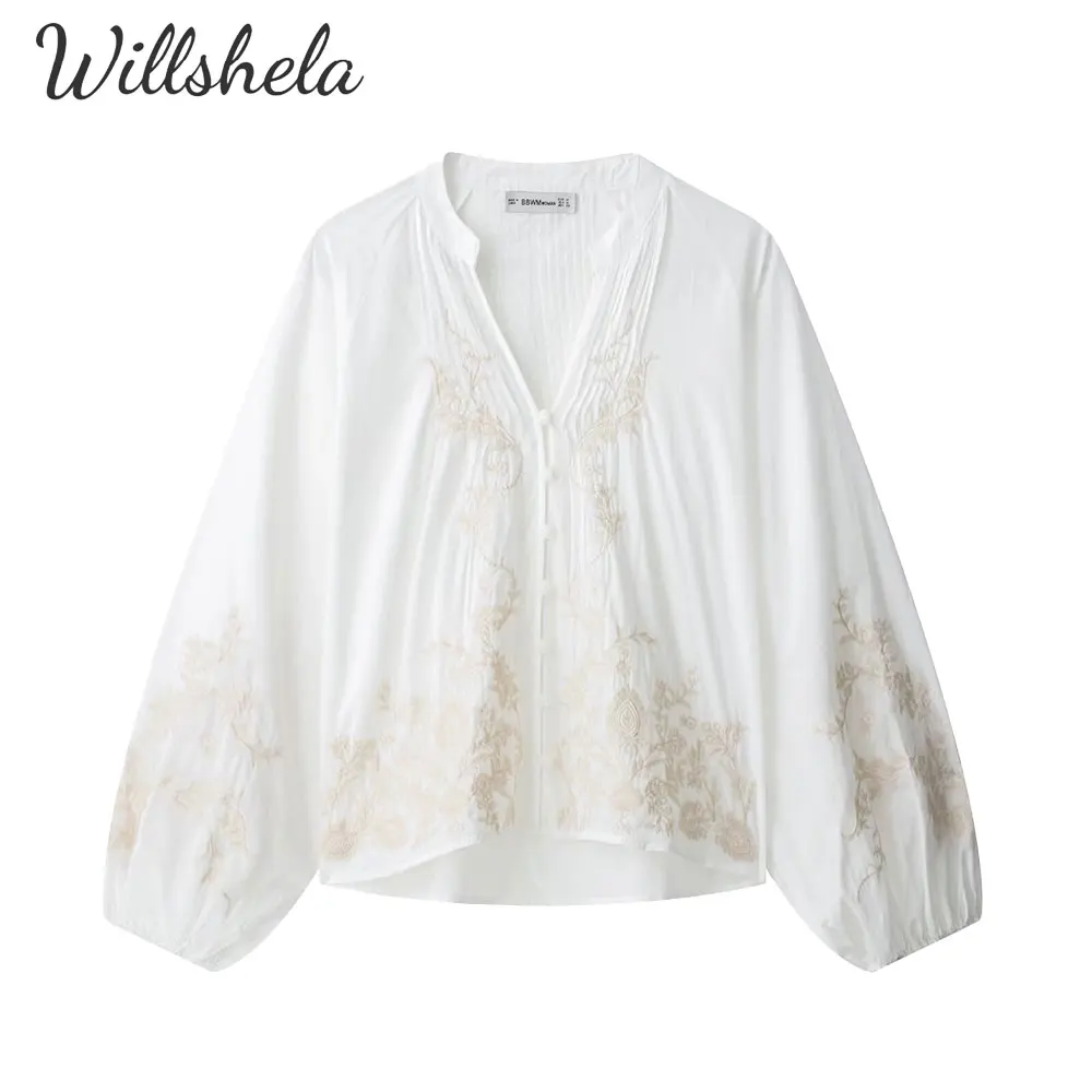 

Willshela Women Fashion White Floral Embroidery Tops Blouse Long Sleeves V-Neck Female Chic Lady Casual Mujer Tops Shirt