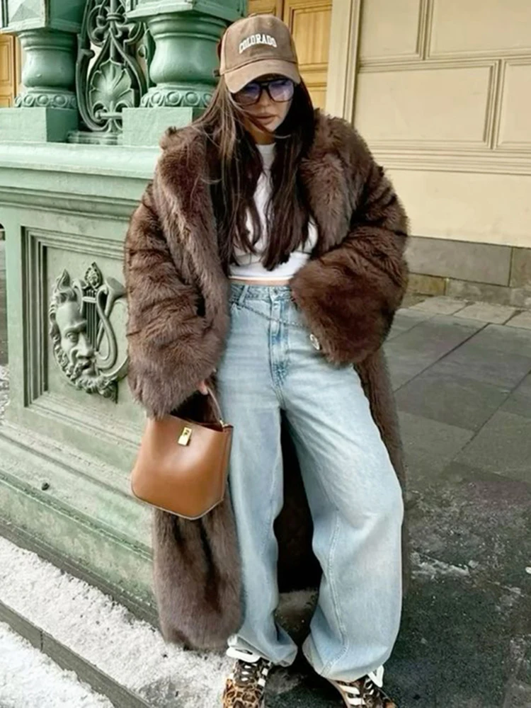 ZADORIN 120 cm Super Long luxe hiver marron fausse fourrure manteau femme élégant ceinturé revers épais moelleux fourrure veste de haute qualité manteaux