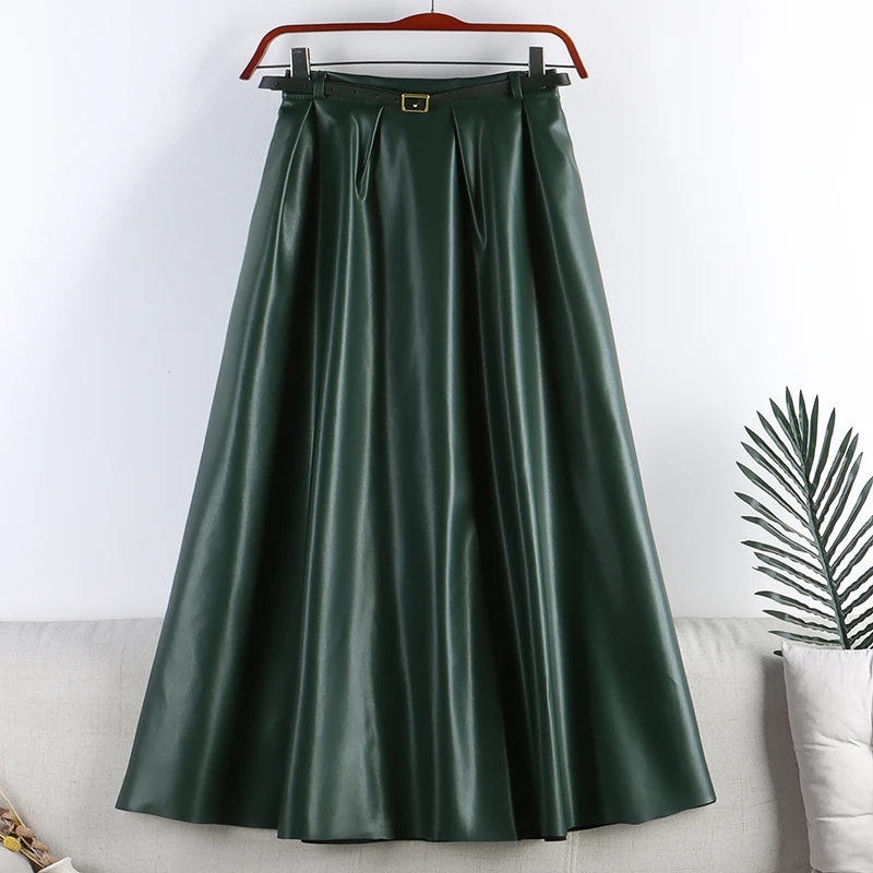 

Autumn Winter Faux PU Leather Women's Long Skirts with Belted 2023 New High Waist Classic Umbrella Maxi Skirts Ladies Female