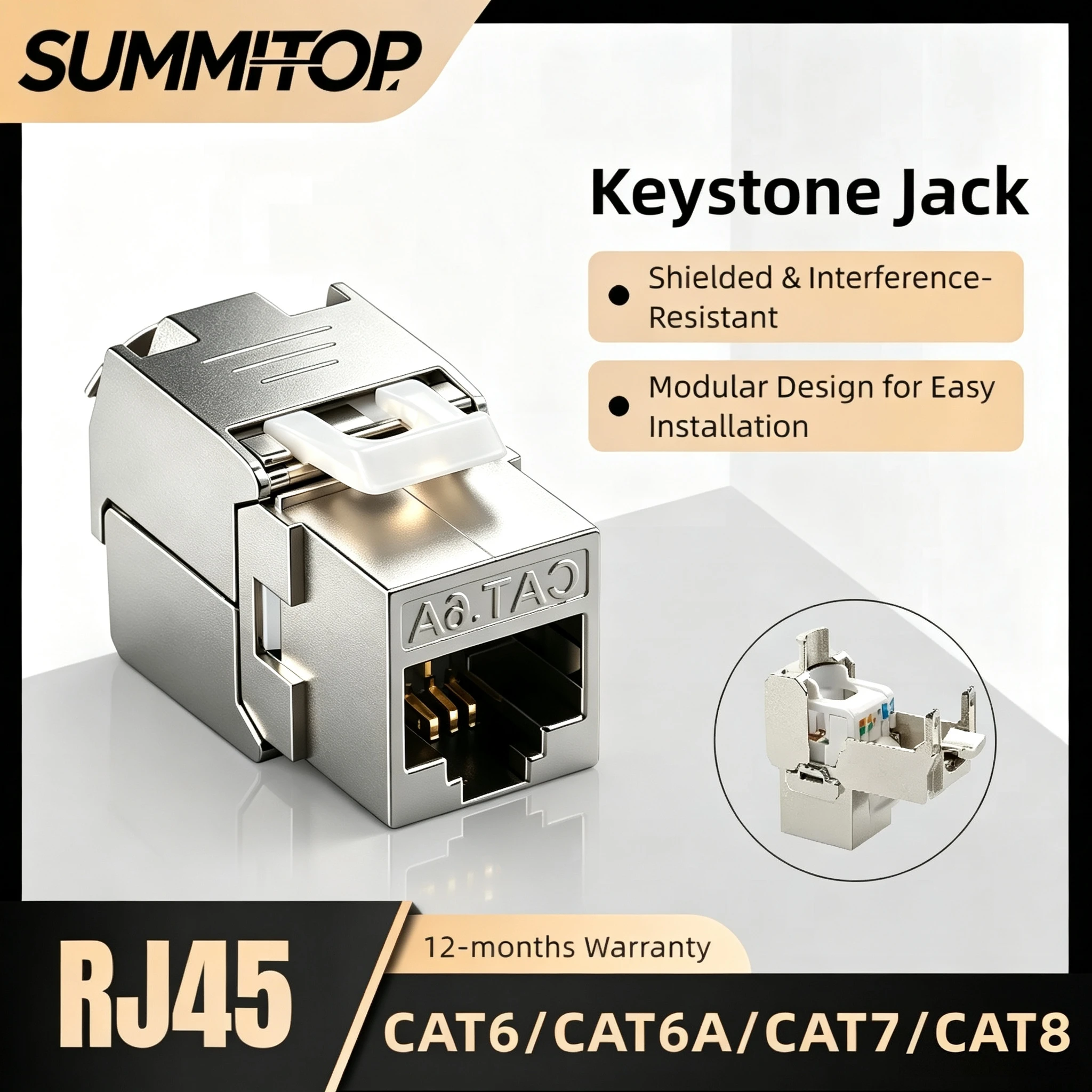 SUMMITOP 1PC Cat6A Cat7 Keystone Jack Cat6 Cat8 RJ45 STP Tool-Less Type Zinc Alloy Module Jacks Adapter Coupler for 22 to 26 AWG