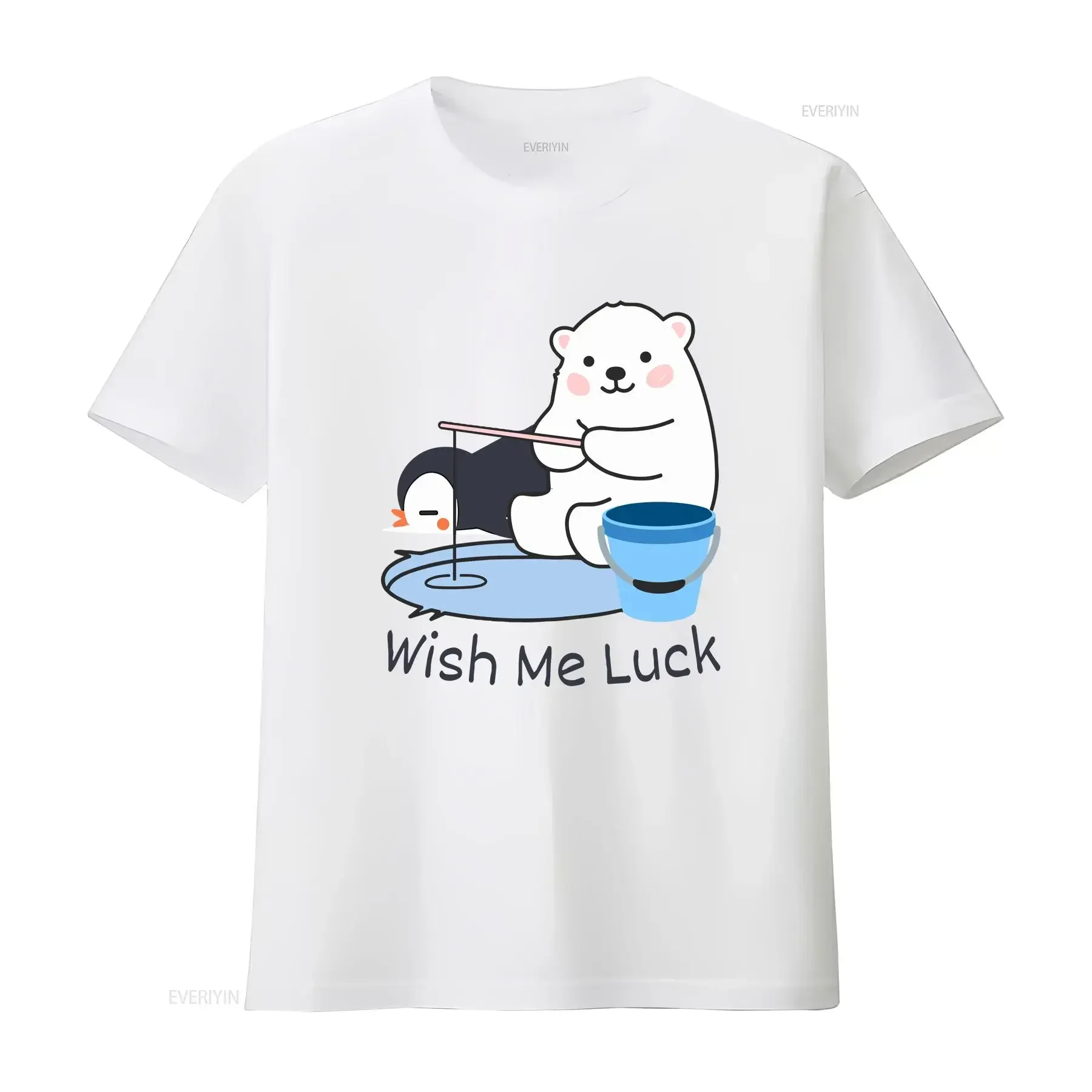 

Wish Me Luck Funny Penguin Fishing Polar Bear Graphic T-Shirt Breathable Cotton Crewneck Tee for Men