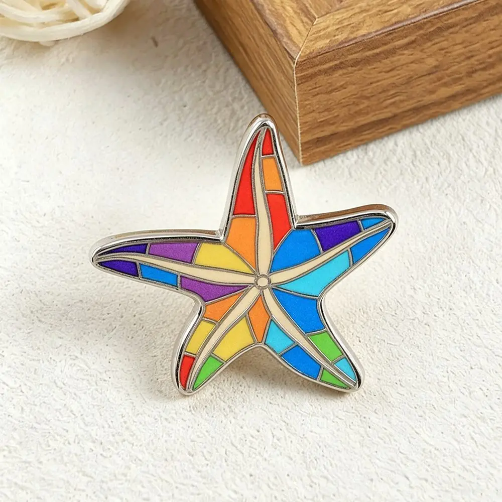 1PC Colorful Starfish Brooch Rainbow-colored Metal Badge Vintage Stained Glass Style Starfish Brooch Lapel Pins Craft Gift