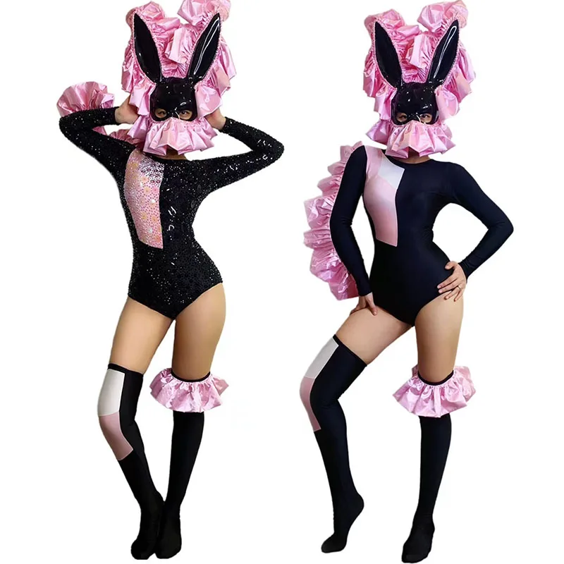 

Наряд Drag Queen Gogo Show, праздничная одежда для выступлений, розовое и черное боди, фестивальная одежда для рейва, костюмы для косплея кролика VDL4154