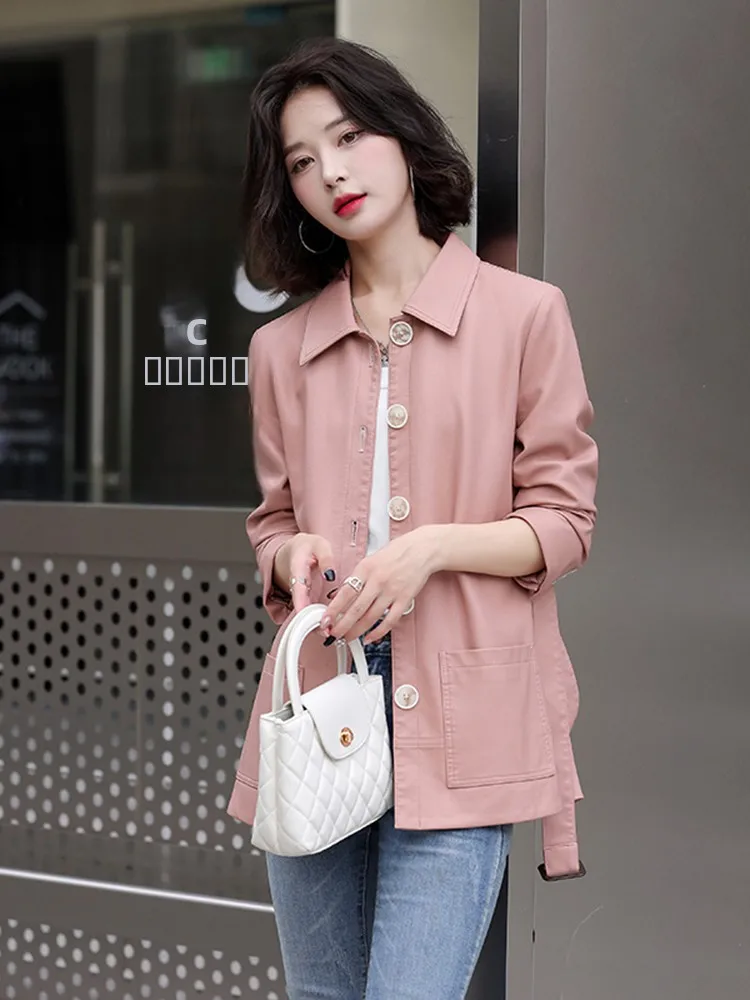 Haining Genuine Leather Jaet Women's 2025 New Spring Autumn eepskin ort Sle Belted Casual Leather Coat