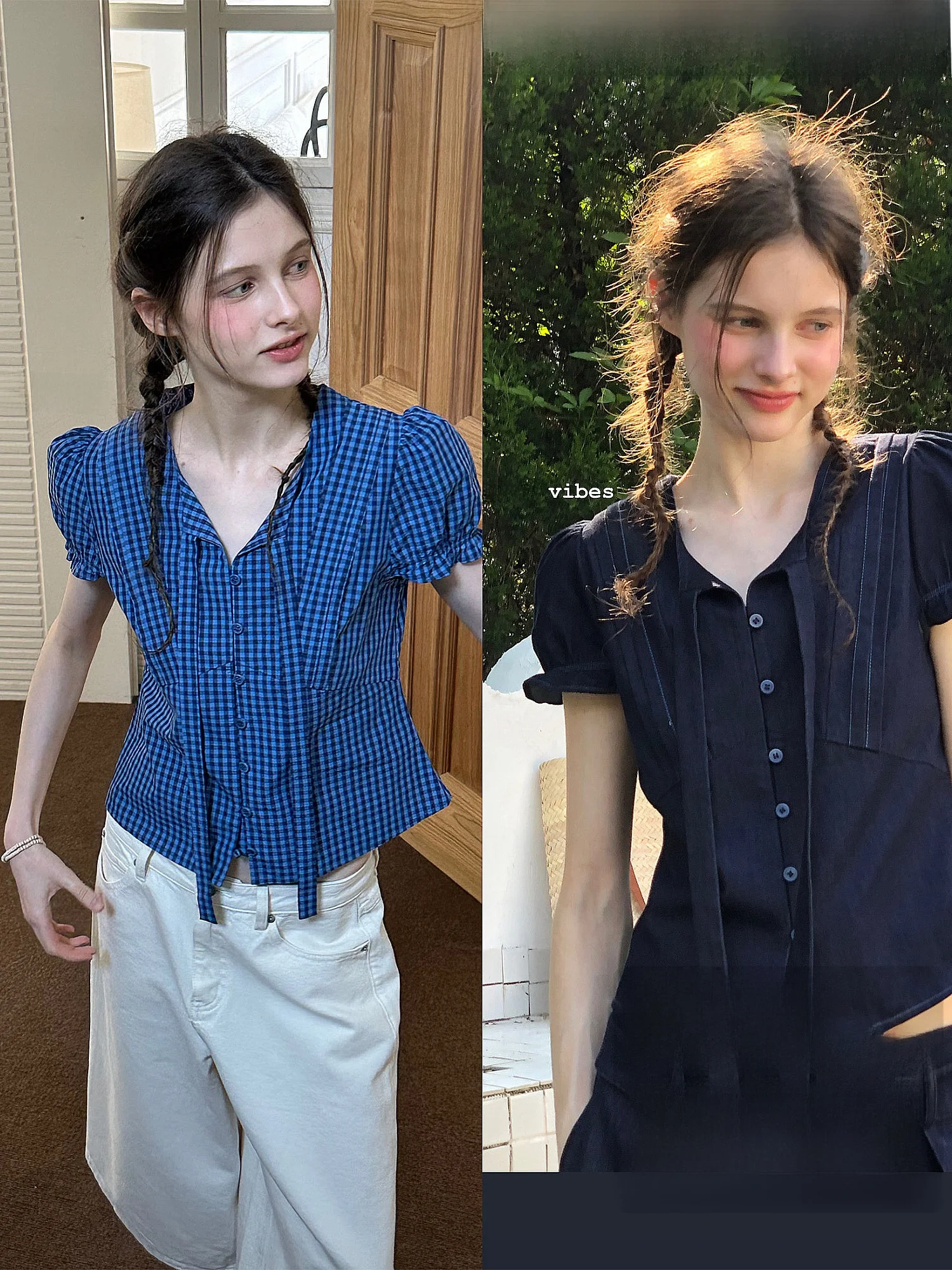 

Romantic Retro V-ne ort Sve Denim irt Women's Summer S Feel Loose Fit Pure Cotton Bubble Sve Button Closure