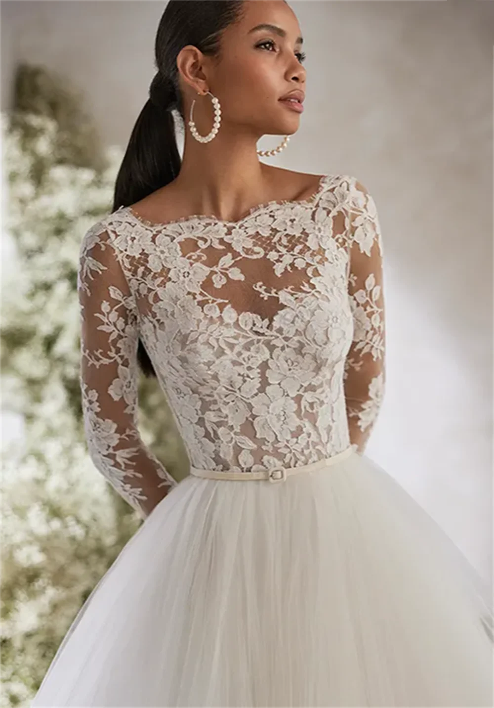 فستان زفاف فستان عروس على شكل حرف a من التل مزين بأكمام طويلة ورقبة دائرية بدون ظهر فستان عروس فستان زفاف رسمي لحفلات الزفاف #3