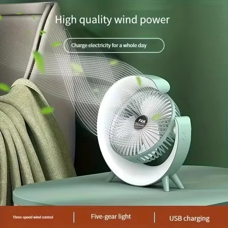 Portable Fan USB Rechargeable 180° Adjustable Three-speed Wind Power Colorful Light Air Circulation Fan Home Bedroom Fan