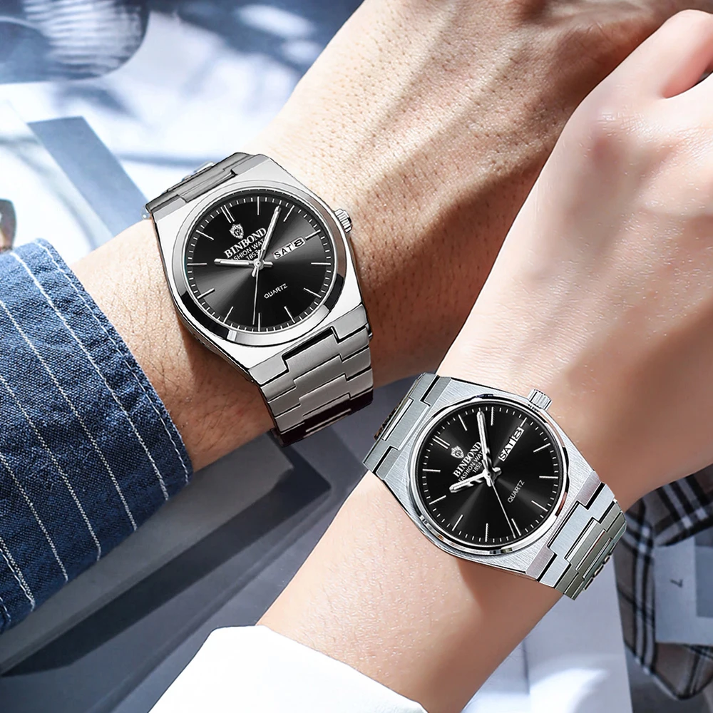 BINBOND Couple Watches 102cp 2Pcs Simple Fashion Original Quartz Watch for Lover Anniversary Gift Waterproof Luminous Date Week