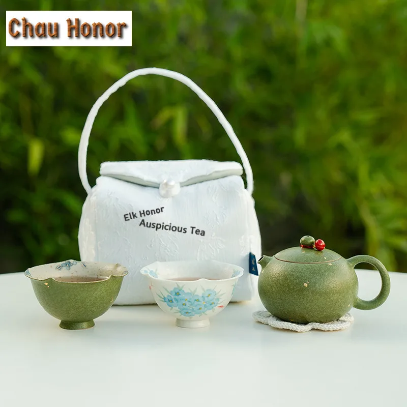 Green Oranges Sprinkled Gold Travel Tea Set Kit Retro 1 Pot 2 Cups Tea Maker Organizer Portable Picnic Stock Bags Supplies Gift