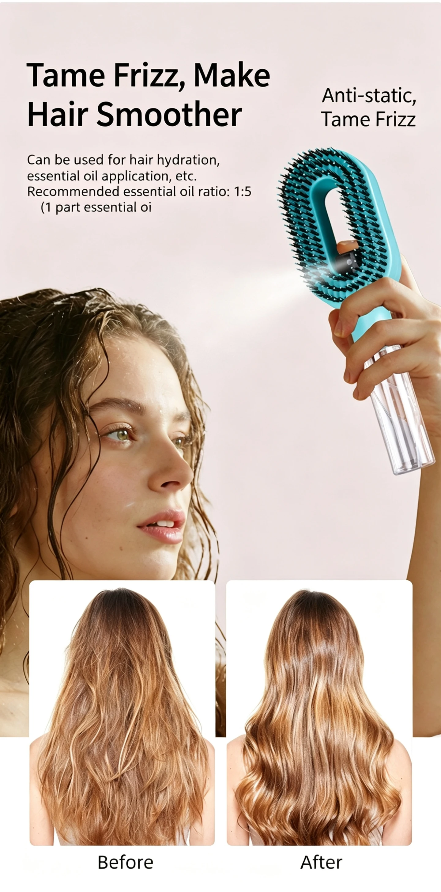 2 in 1 Spray Massage Comb Essential Oil Water Spray Bottle Anti Static Scalp Massager for Hair Detangling Daily Hair Care Salon