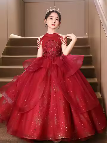 Red Girls' Evening Dress Summer Host Light Luxury Niche High-end Princess Dress Children's Piano Performance Costume