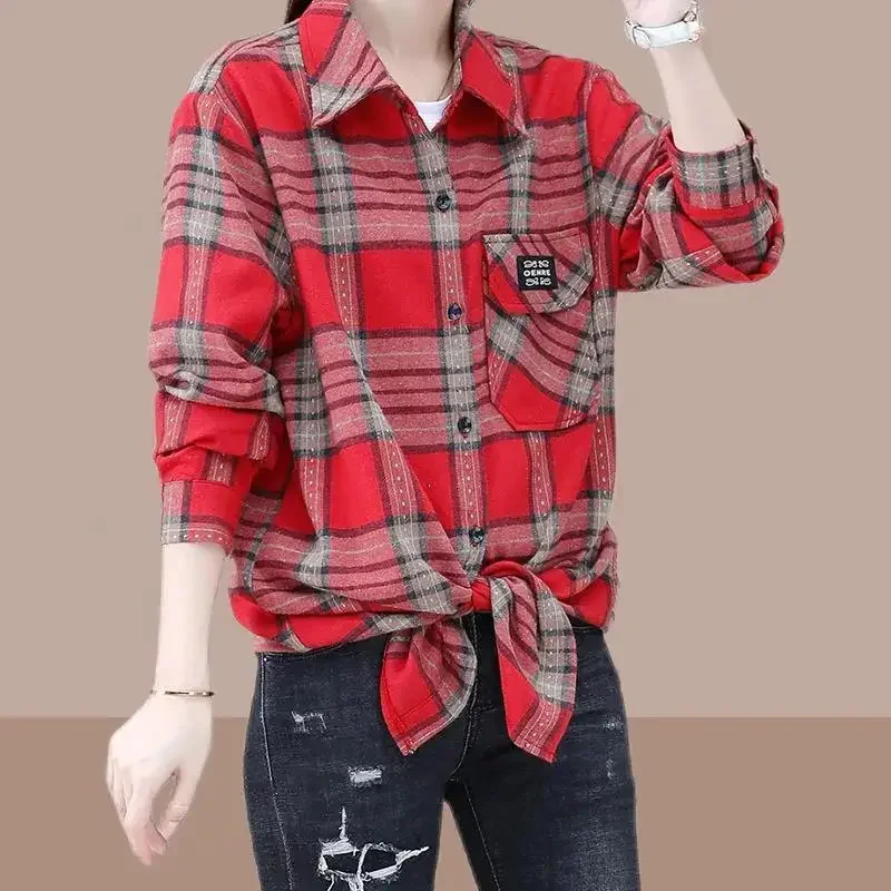 Spring Autumn New Loose Slimming Mid Length Checkered Shirt for Women\'s Western Style Age Reducing Coat Commuting Versatile Top