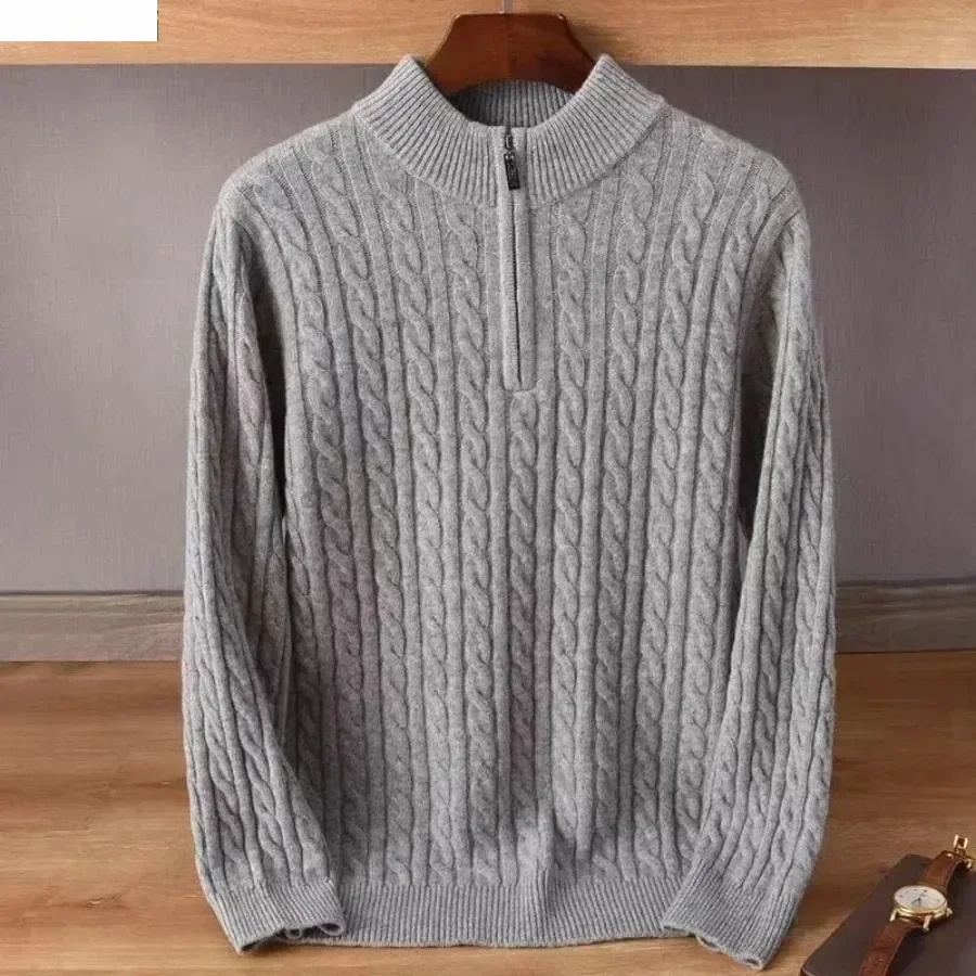 Sweter Rajutan Hangat Pria Atasan Hangat Ritsleting Leher Berdiri Musim Gugur Musim Dingin Pulover Rajutan Lengan Panjang Jacquard Solid Pria