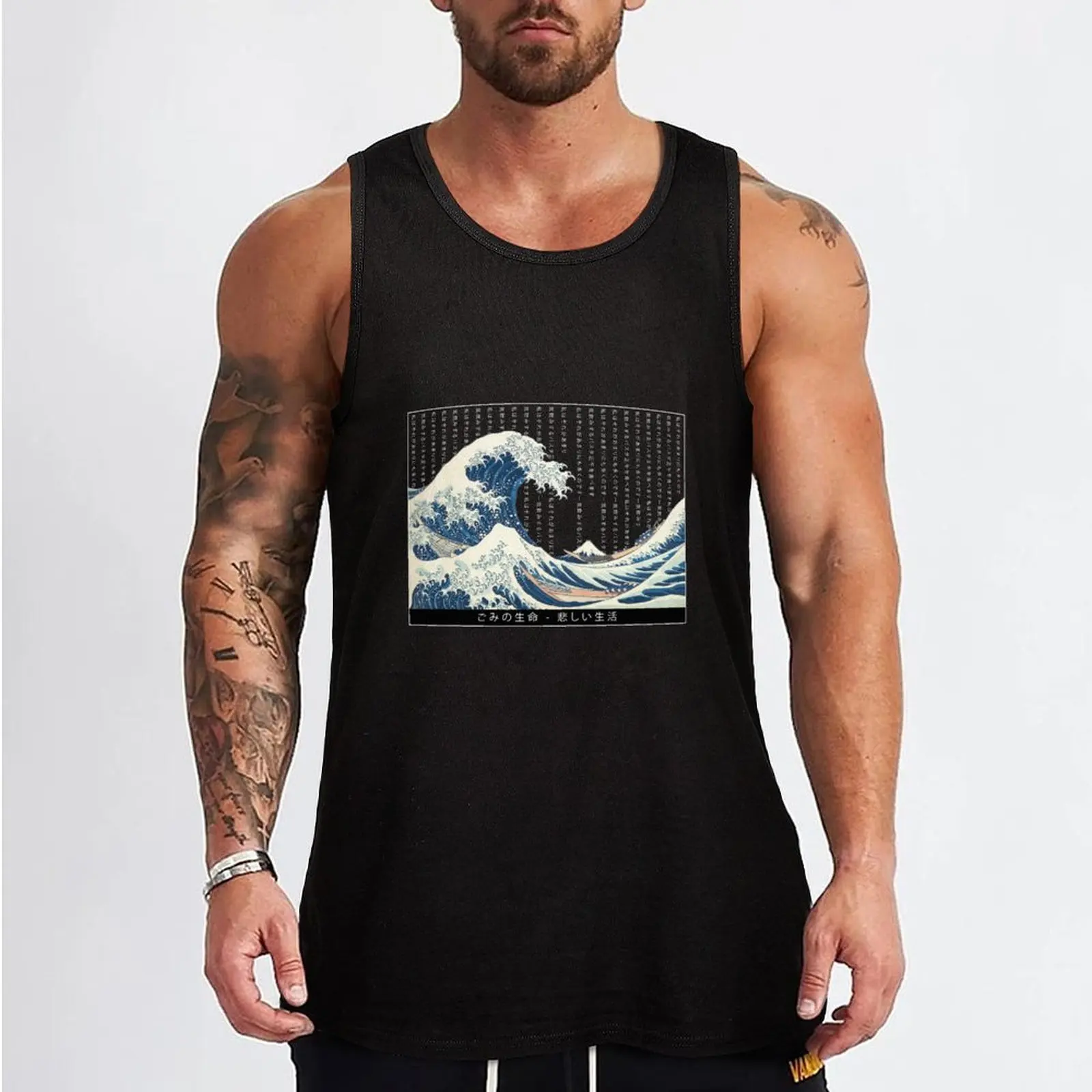 Hokusai japan rain Tank Top gym clothes man fitness t-shirt Men's Sleeveless T-shirt