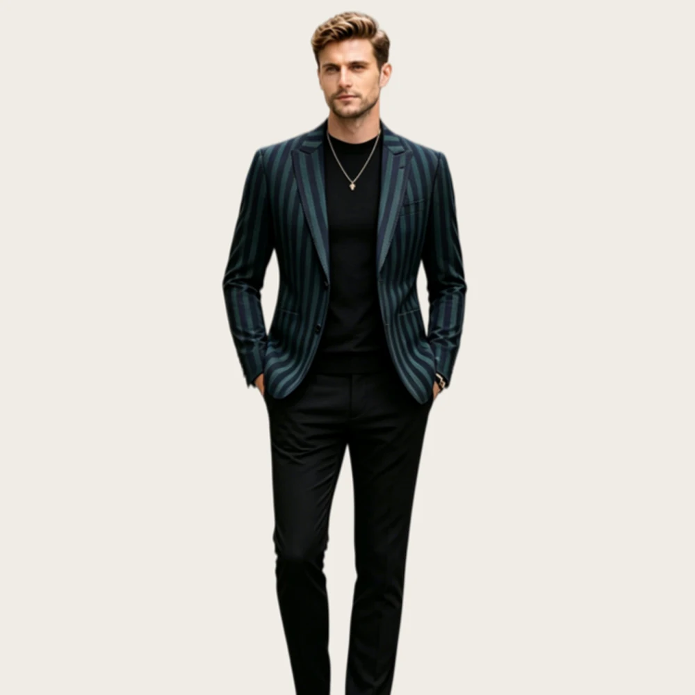 

Pinstripe Men's Suit and Separates Tuxedo Peaked Lapel Two Buttons Prom Slim Fit Office Business Outfit Blazer Jacket Customized
