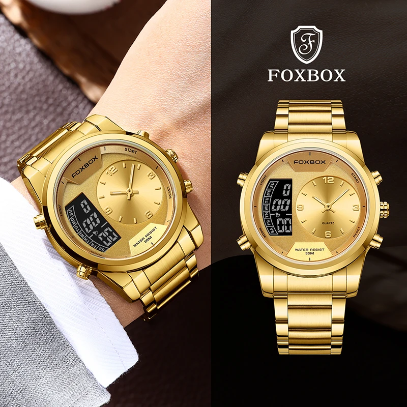 FOXBOX 2024 Mode Quartz Horloge Mannen Dual Display Luxe Horloges Mannen 30 m Waterdichte Digitale Lichtgevende Horloge Reloj Hombre nieuwe
