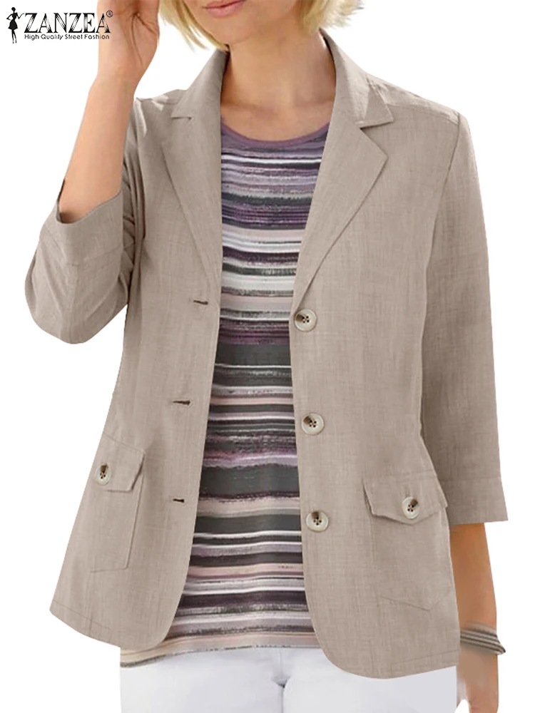 ZANZEA Damen-Blazer für Bürokleidung, Anzug, Jacken, modisch, Pendeln, Revers, einfarbig, lässiger Blazer, Herbst 2024, eleganter Blazer mit 3/4-Ärmeln