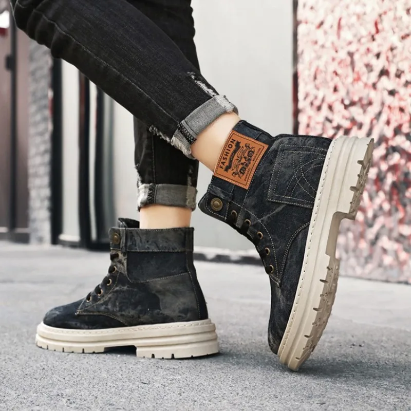 Botas jeans masculinas de cano alto, roupa de trabalho retrô ocidental, botas curtas casuais de tecido respirável, sapatos masculinos, botas de plataforma da moda