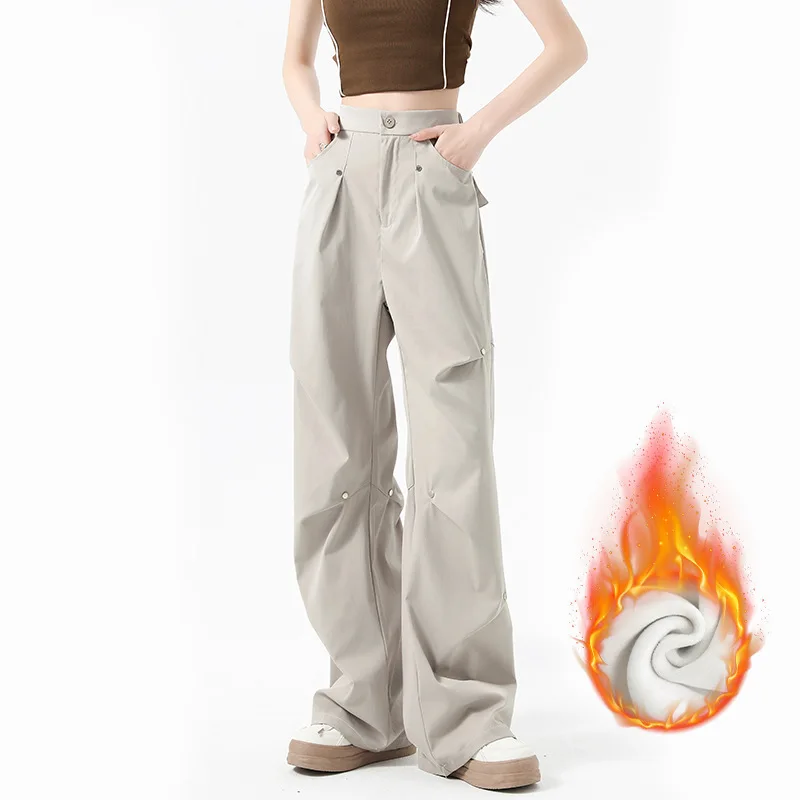 

2026 Spring Summer Cargo For Women New Warm High Waist Loose Casual Petite Fleece Lined Straight Wide Leg Pants