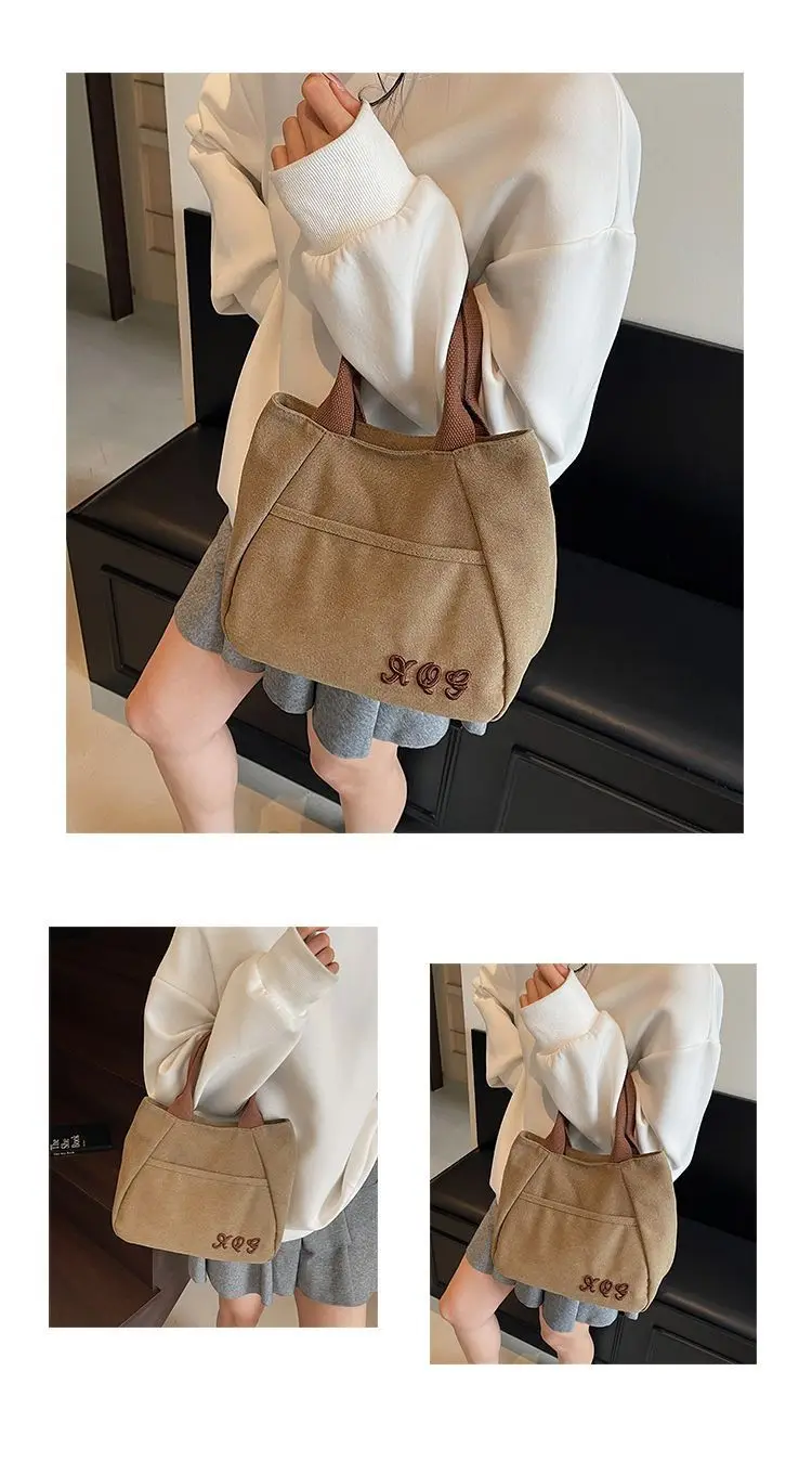 Retro-Canvas-Einkaufstasche zum Pendeln zur Arbeit. Kleine lässige Canvas-Tasche für Damen. Handgehaltene Tragetasche. – Detail 6