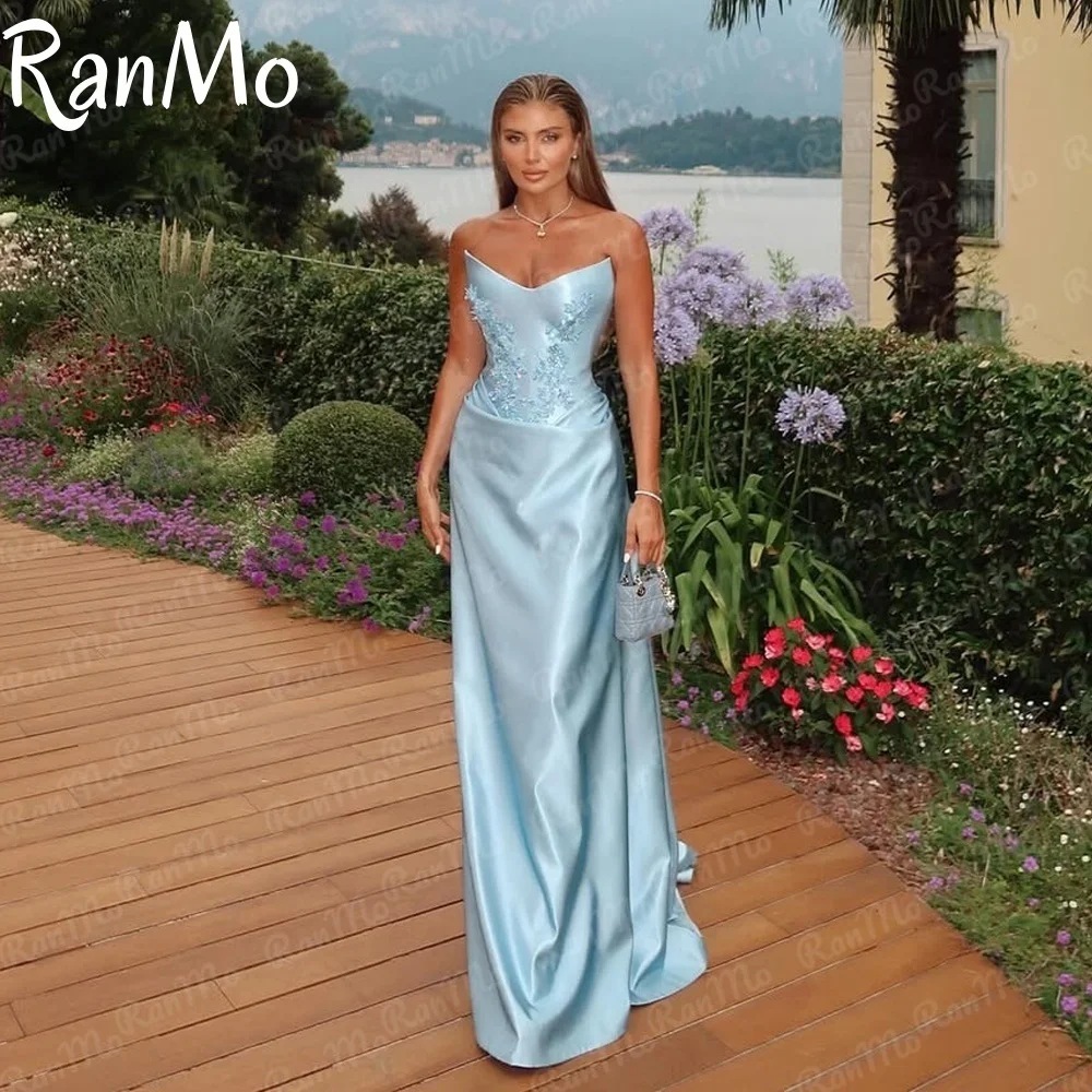 فستان سهرة من الساتان مخصص من Ranmo، فساتين حفلة موسيقية رقيقة بدون حمالات، مزين بالزهور، مناسبة خاصة