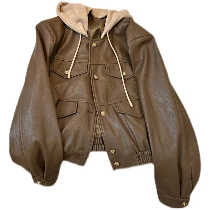 Veste en cuir PU à capuche pour femme, robe de moto occidentale, haut décontracté pour femme, beau look rétro, mince, printemps, nouveau, 2024