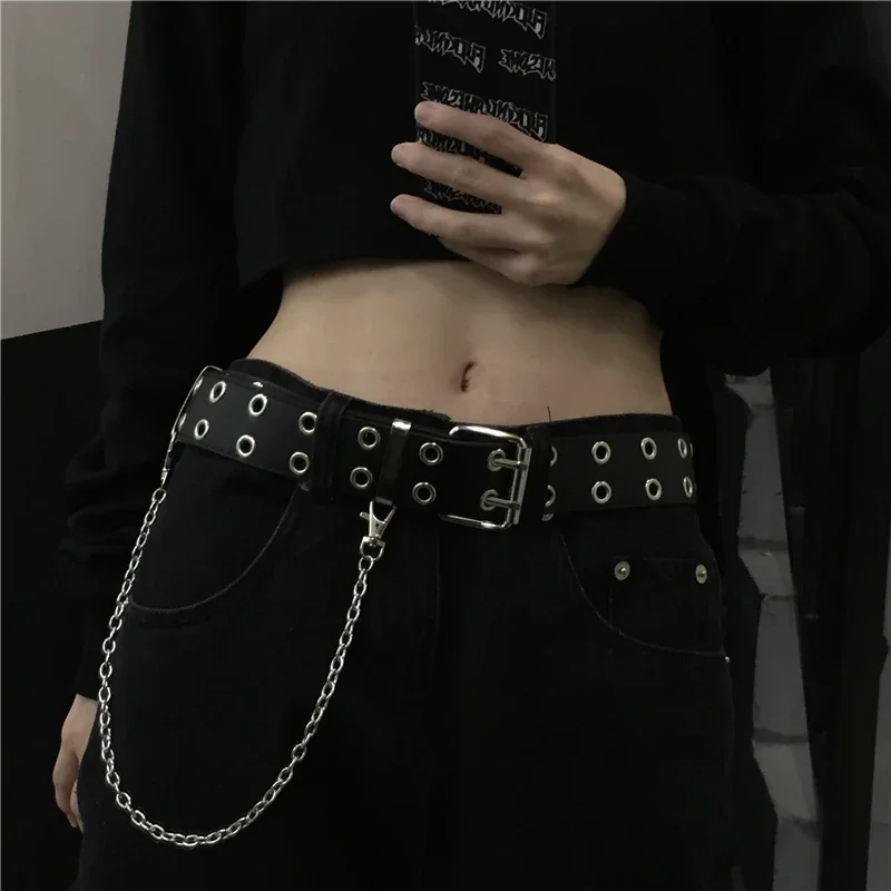 Women Double Ring Belts Double Hole Eyelet Grommet Leather Buckle Punk Pin Belt Leisure Dress Jeans Gothic Waistband