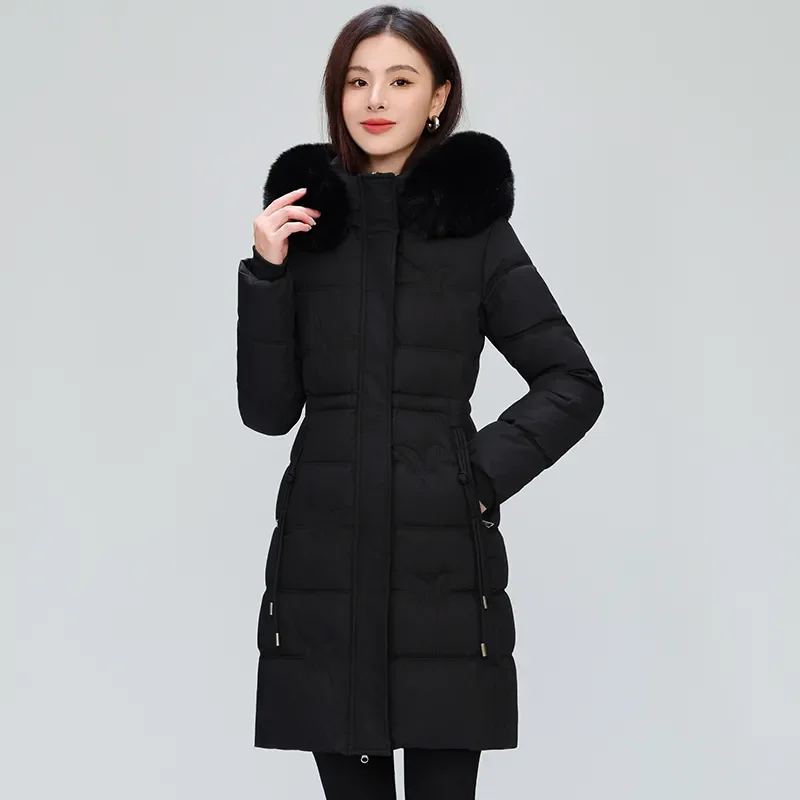 2025 New Winter Coat Women's Jacket Fur Neckline Long Basic Coats Thick Jackets Cotton Padded Outerwear Parkas Black Clothes