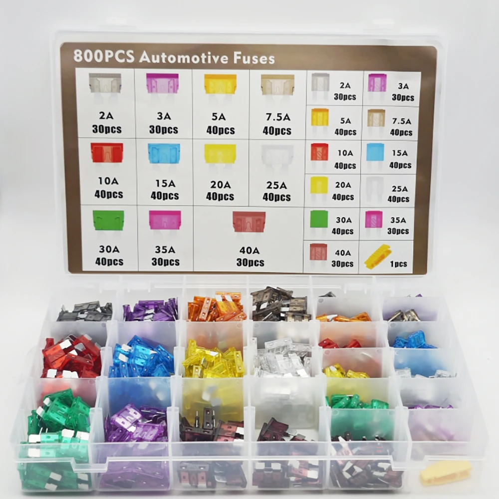 800-teiliges Sicherungs-Sortiment, Standard- und Mini-Sicherungen + Sicherungsauszieher (2A 3A 5A 7,5A 10A 15A 20A 25A 30A 35A 40A) – Detail 1