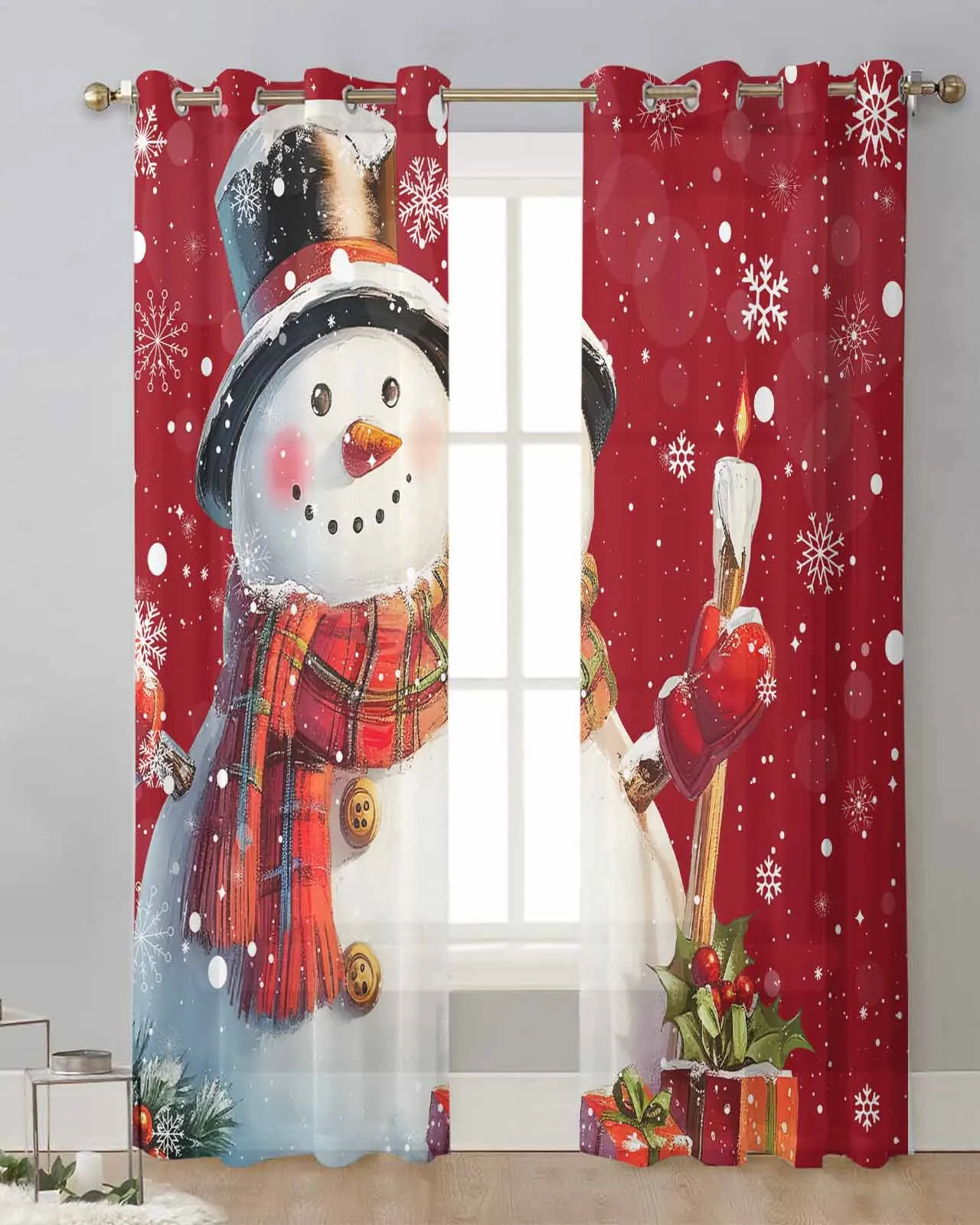 

Christmas Snowman Snowflake Red Sheer Curtains for Living Room Printed Tulle Window Curtain Luxury Home Balcony Decor Drapes