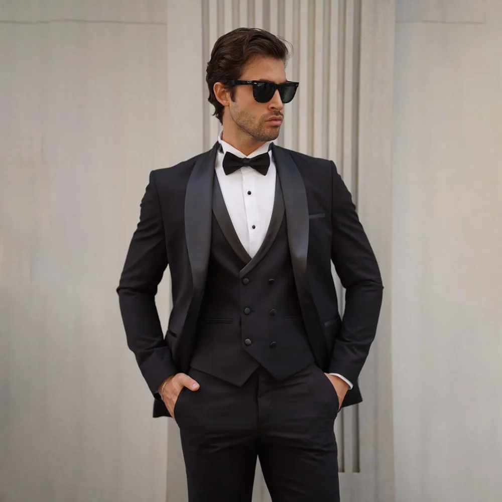 

Chic Shawl Lapel One Button Men Suits Black Elegant Groom Wedding Party Solid Tuxedo Fashion Banquet Dinner Male Suit 3 Piece