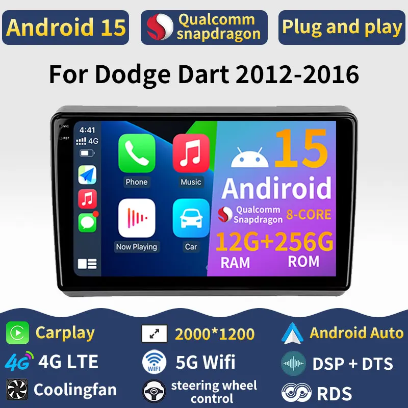 Radio de coche Android 15 para Dodge Dart 2012-2016 reproductor estéreo Multimedia NAVI DSP GPS RDS unidad principal inalámbrica Carplay Auto QLED DTS