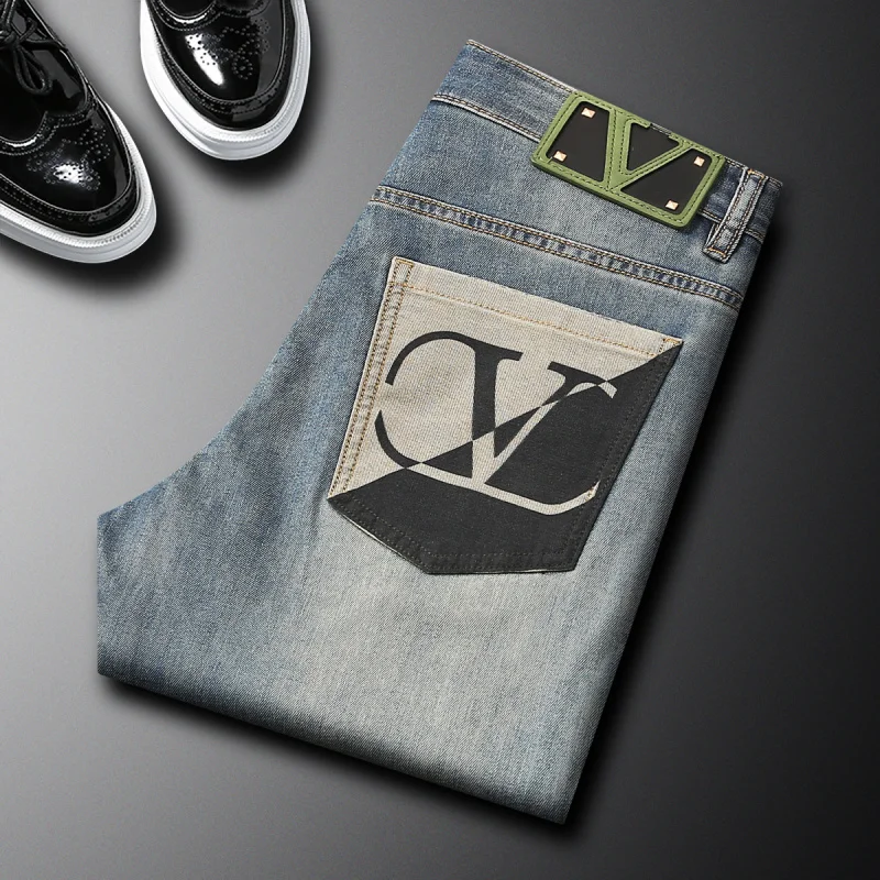 

High end jeans men 2025 new elastic small straight tube trendy casual light luxury printed fashionable denim pants