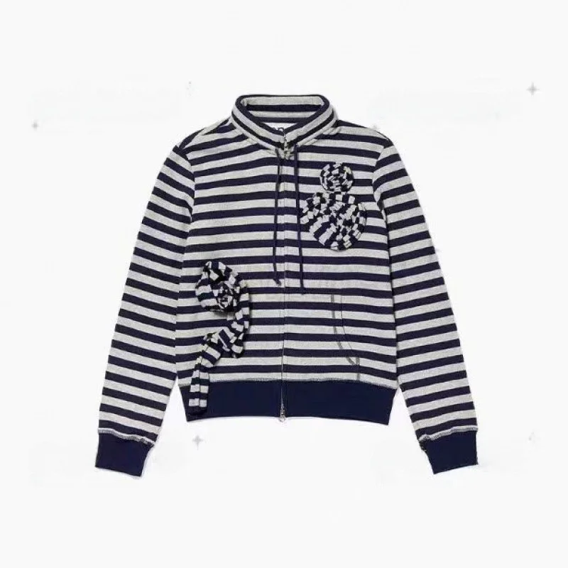 ربيع جديد وصول مفتوح YY ثلاثية الأبعاد طباعة الورد مخطط اللون بلو مزدوجة سستة البلوز ort Jaet المرأة Faion عادية